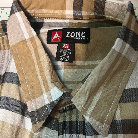 a zone mens plaid brown polyester blend stretch button shirt size 3x - Picture 2 of 3